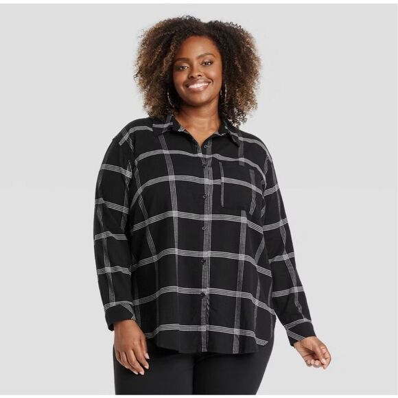Ava & Viv NWT Plaid No Gap Button Front Long Sleeve Flannel Shirt Black White 3X - Picture 1 of 10